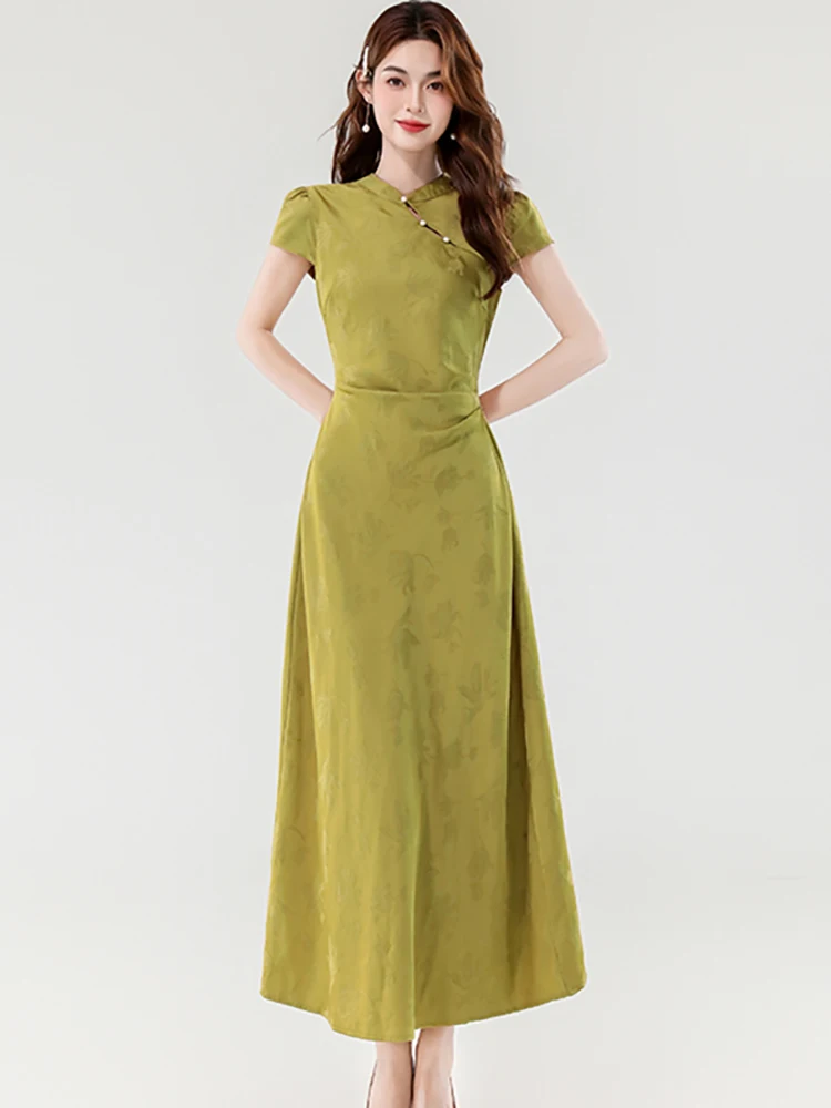 サマーグリーンジャカードサテンスタンドカラーロングドレス レディース 韓国風ラグジュアリーボディコンラッフルプロムドレス 2025 ヴィンテージエレガントドレス
