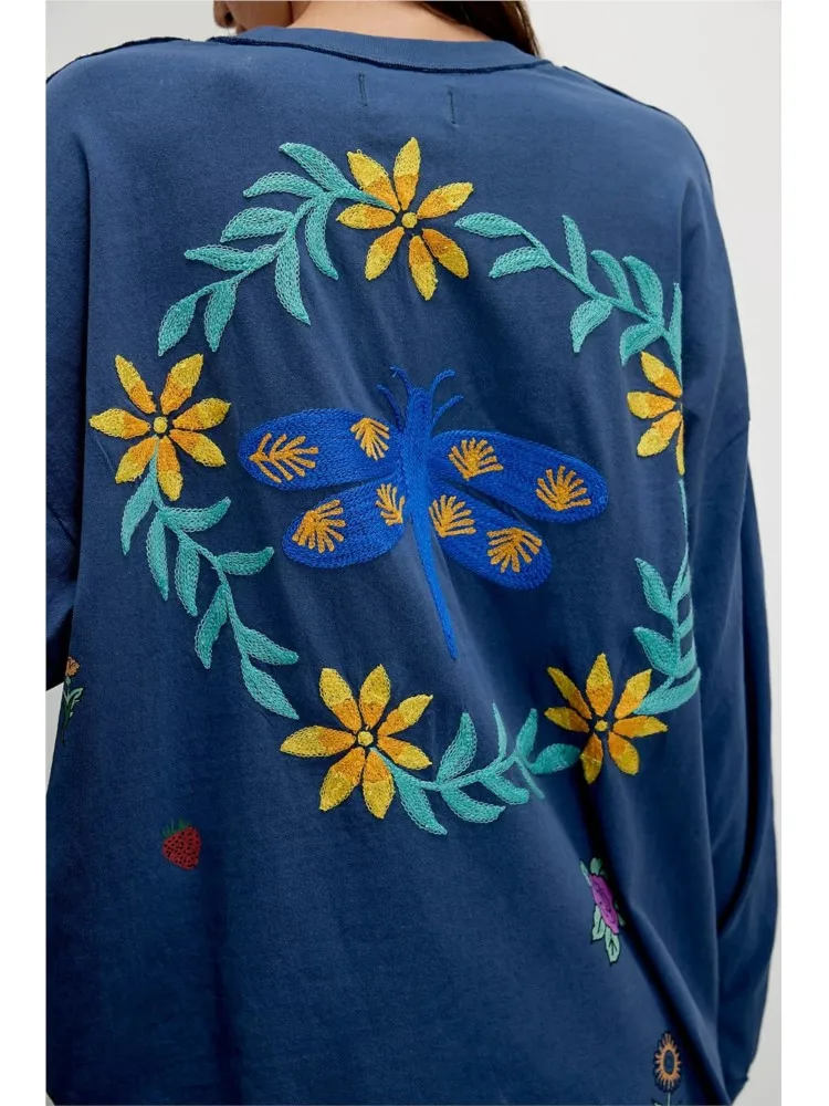 Women's Cartoon Embroidery Sweatshirts Ladies Chic Tops Long Sleeve O-neck Spring Autumn Female Fashion Casual Loose Pullovers