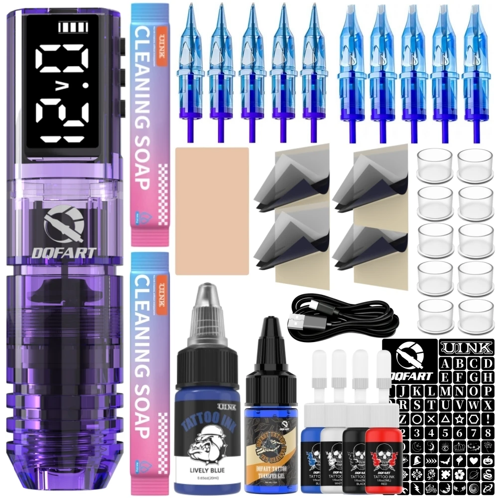 DQFART Purple Electric Wireless Tattoo Machine Kit P1 Led Digltal Display Tattoo Ink Needles Transfer Beginner Tattoo Artists