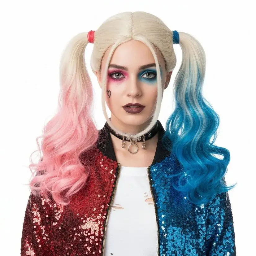 

MSIWIGS Women Short Two Tone Anime Cosplay Wigs Synthetic For Party Blue And Pink Blonde Hair
