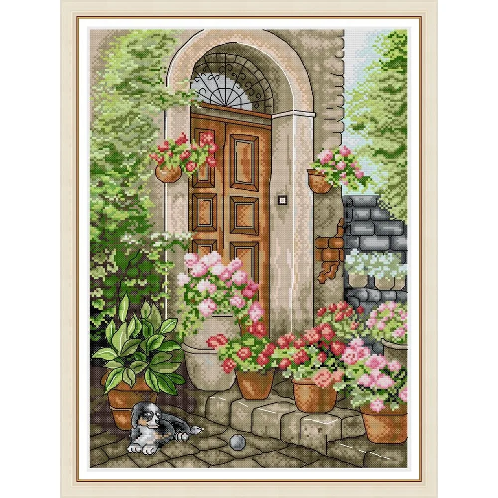 News Pre-Printed Cross Stitch Kit, Stamped Aida Fabric With DMC Threads, Embroidery Kit - Summer Flower Porch