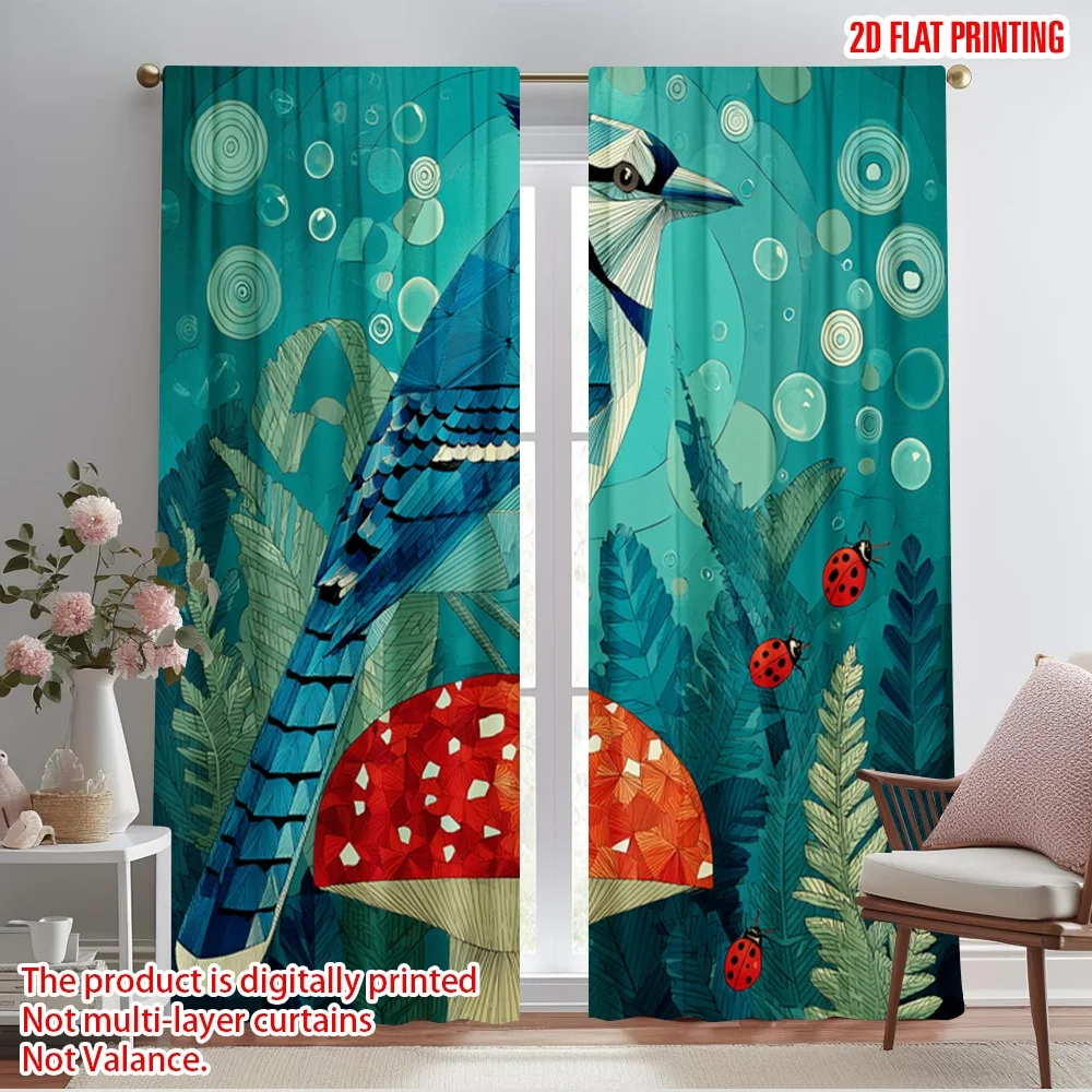 

2pcs 2D flat printing Curtains Bluejay Wonderland Polyester Without Electricity Festive Holiday Perfect for room decor aesthetic