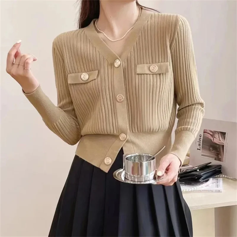 2024 Spring and Autumn New Cashmere Sweater Women\'s V-Neck Knitted Cardigan Loose Long-Sleeved Sweater Beige Top Pink Black