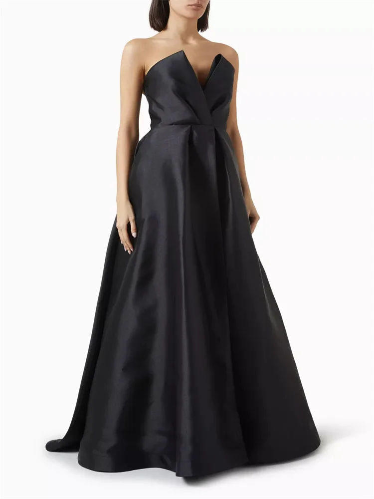 

New Arrival Strapless Neckline Sleeveless A-Line Satin Evening Dress Open Back Zipper Floor Length Sweep Train Gown For Women