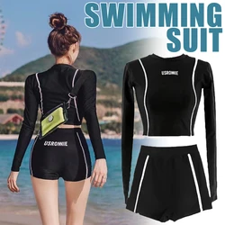 Fato de banho feminino manga comprida, maiô patchwork feminino, moda praia piscina, moda praia esportiva, calções de 2 peças