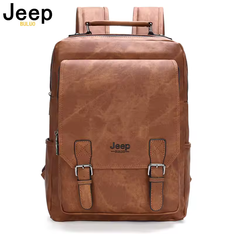 Marca JEEP BULUO, mochila para hombre, viaje de ocio, bolso para portátil de 15 pulgadas, bolso escolar impermeable de cuero PU de alta calidad para oficina al aire libre
