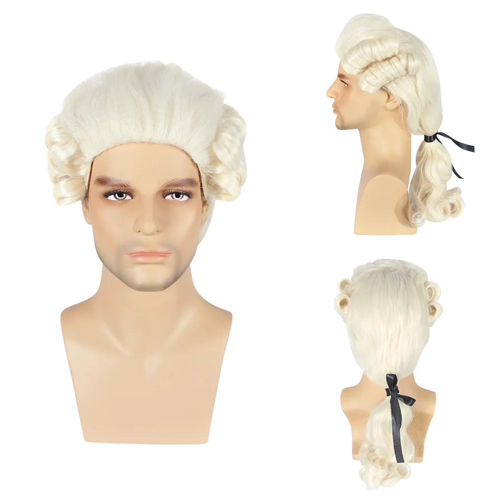 

Black Grey White Lawyer Judge Baroque Curly Male Costume Wigs Deluxe Historical Halloween Long Synthetic Cosplay Wig + Wig Cap