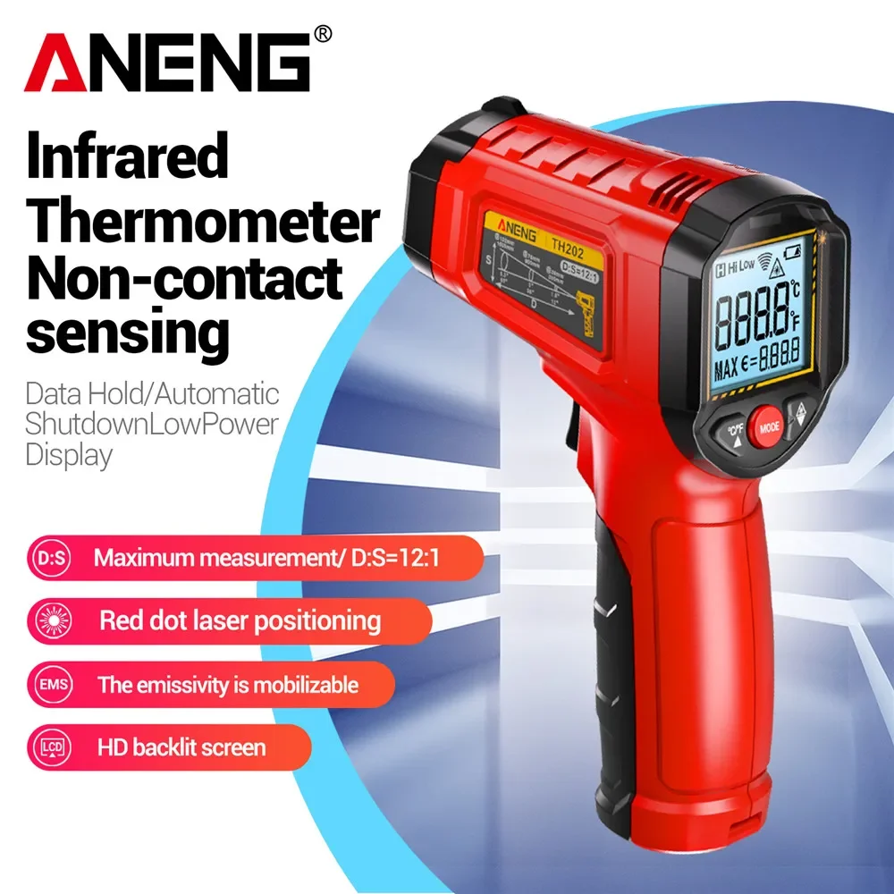 ANENG TH202 Infrared Thermometer Non-contact Sensing -50~600℃ Temperature Gun LCD Backlit Display Screen Pyrometer Tester Meter