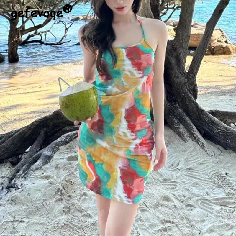 

Sexy Spaghetti Strap Backless Ruched Bodycon Dresses for Women 2024 Summer Y2K Tie Dye Print Sleeveless Lace Up Beach Mini Dress