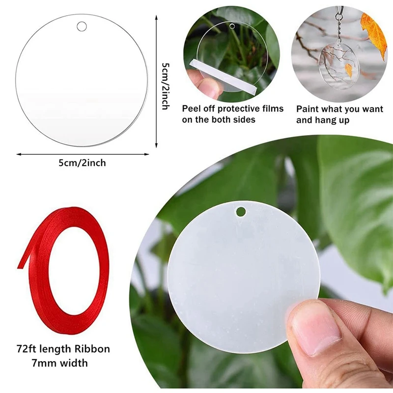 20 Pieces Acrylic Clear Blanks Transparent Tag Discs Blanks For DIY Crafts Keychain Decoration With Ribbon