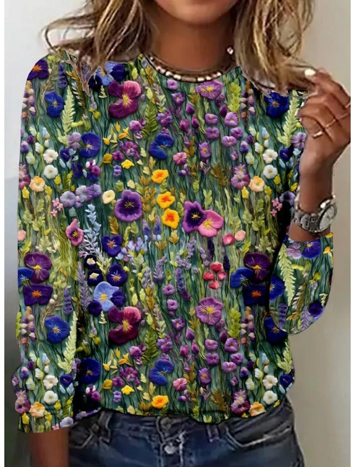 Fashion Women\'s Vintage Flower Graphic O-Neck Long Sleeve T-Shirt Casual Tops Womens Clothing Harajuku Female Clothing Pullover