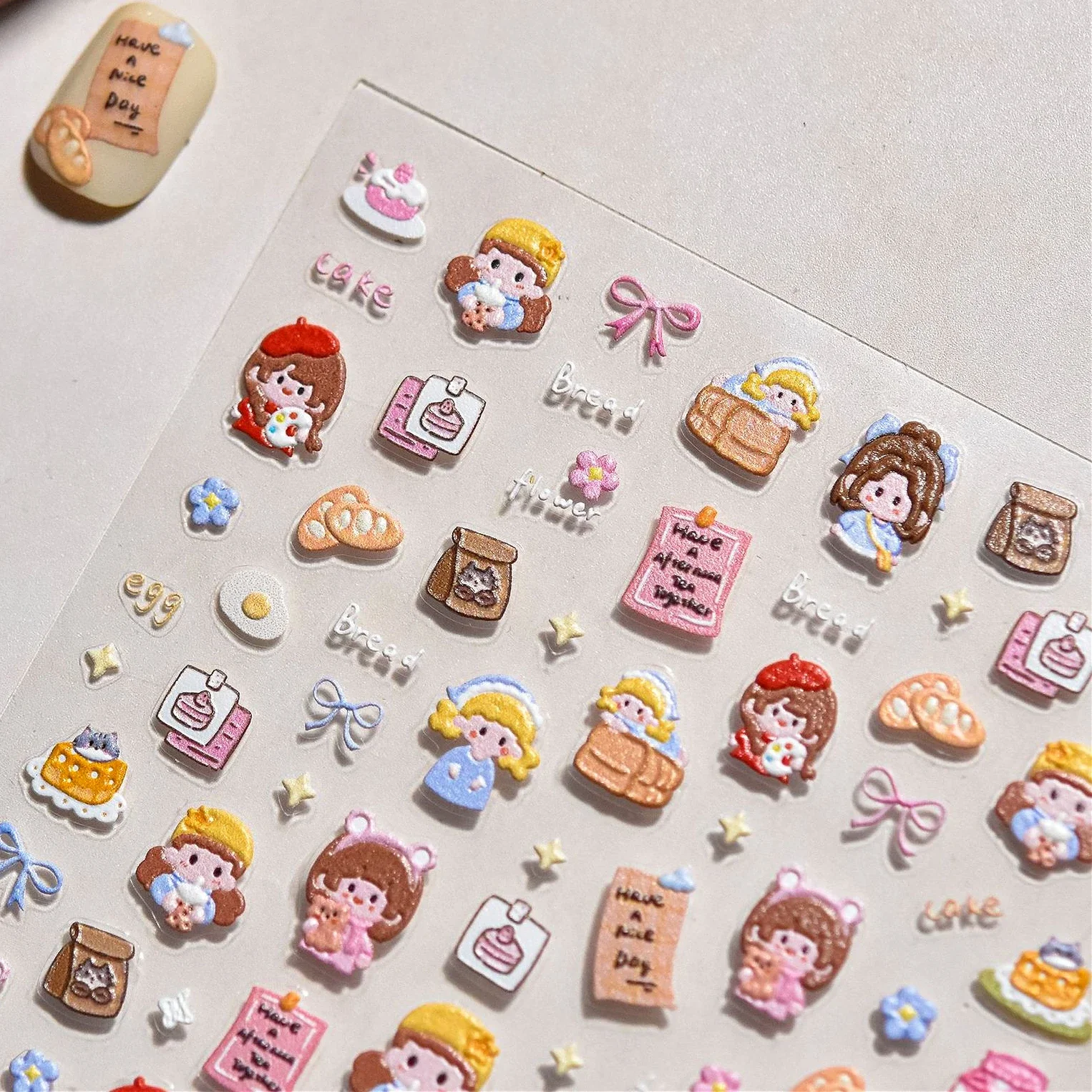 Dressy Girl Gal Woman Cat Egg Stick Milk Tea Flower Chic Cheese Cake Food Self Adhesive Nail Art Stickers Coffee Manicure Decals