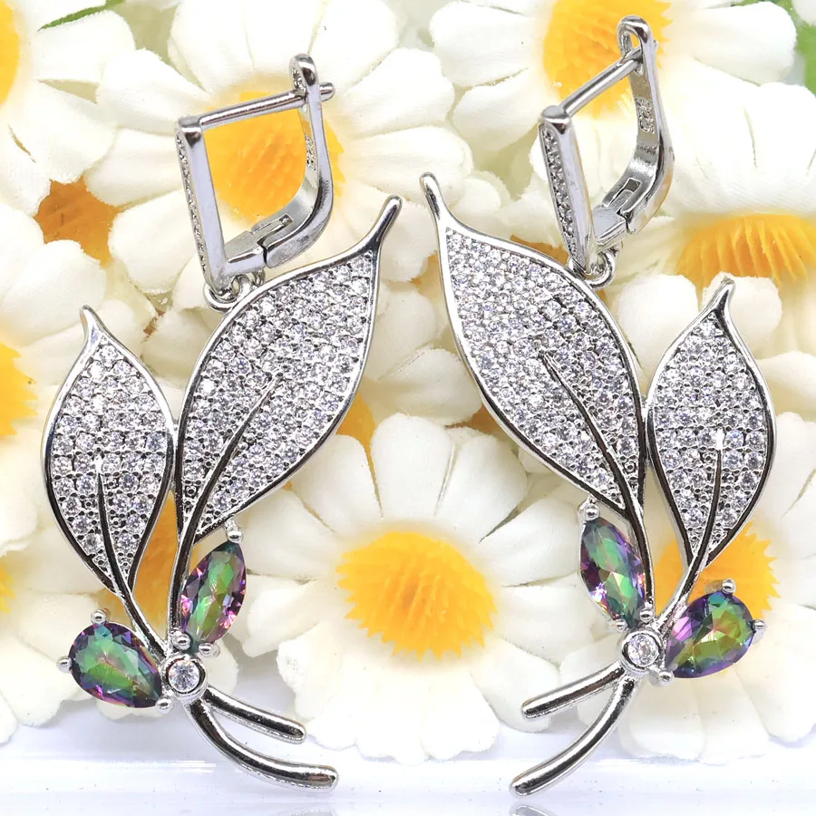 49x26mm SheCrown Fire Rainbow Mystic Topaz Real Red Ruby Real Blue Sapphire Women Wedding CZ Silver plated Dangle Earrings view 6