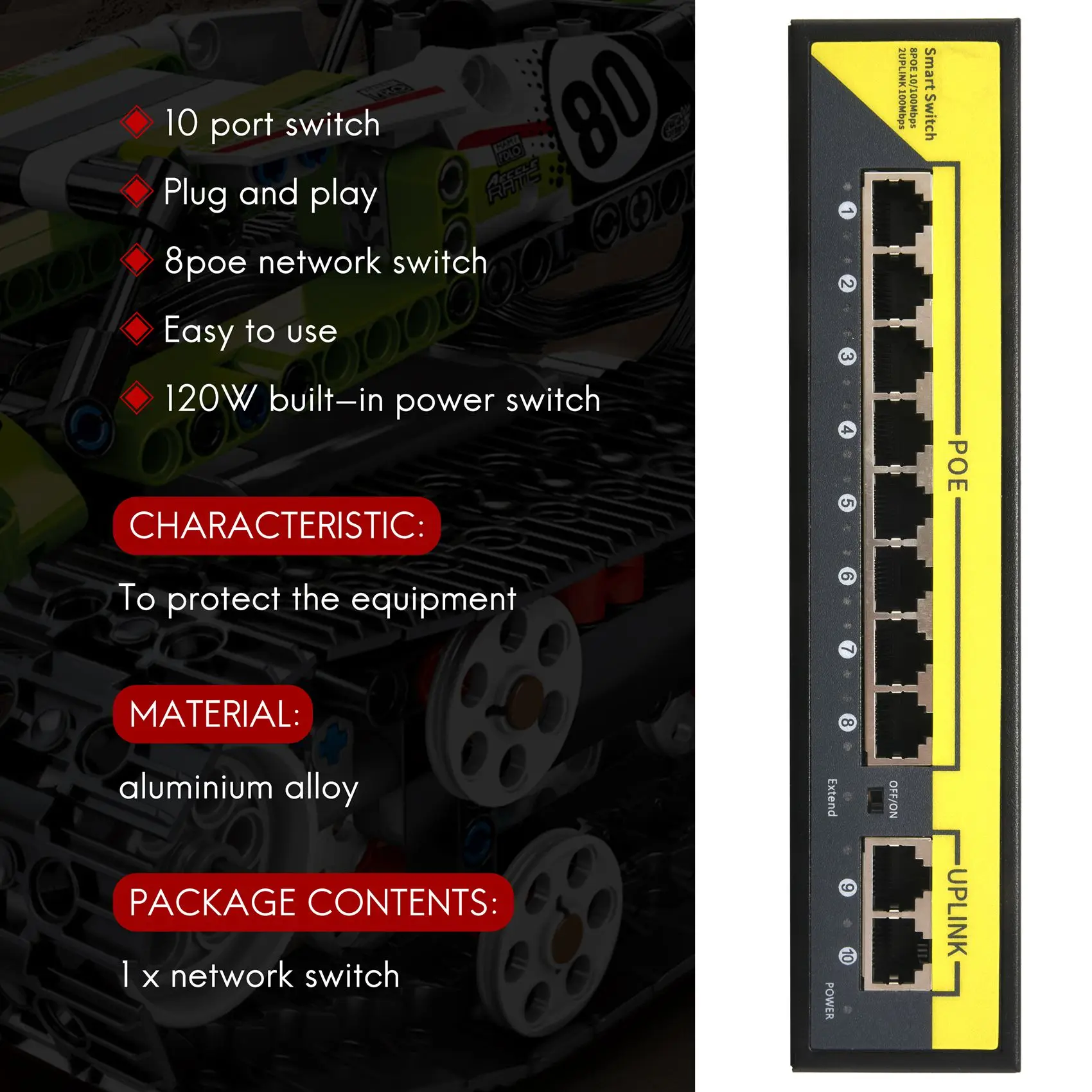 สวิตช์ 10 พอร์ต, 8POE และ 2 อัปลิงค์, 802.3Af/At, กําลังไฟในตัว 120W, Vlan สูงถึง 250M, สวิตช์เครือข่าย Plug & Play โลหะ