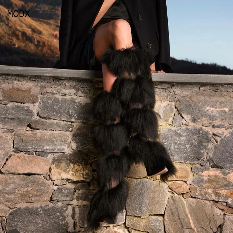

2025 Women Fur Wrap Over-knee Boots Women Fashion Fuzzy Pointy High Heels Snow Boots Ladies Black Lace-up Warm Dress Shoes 44