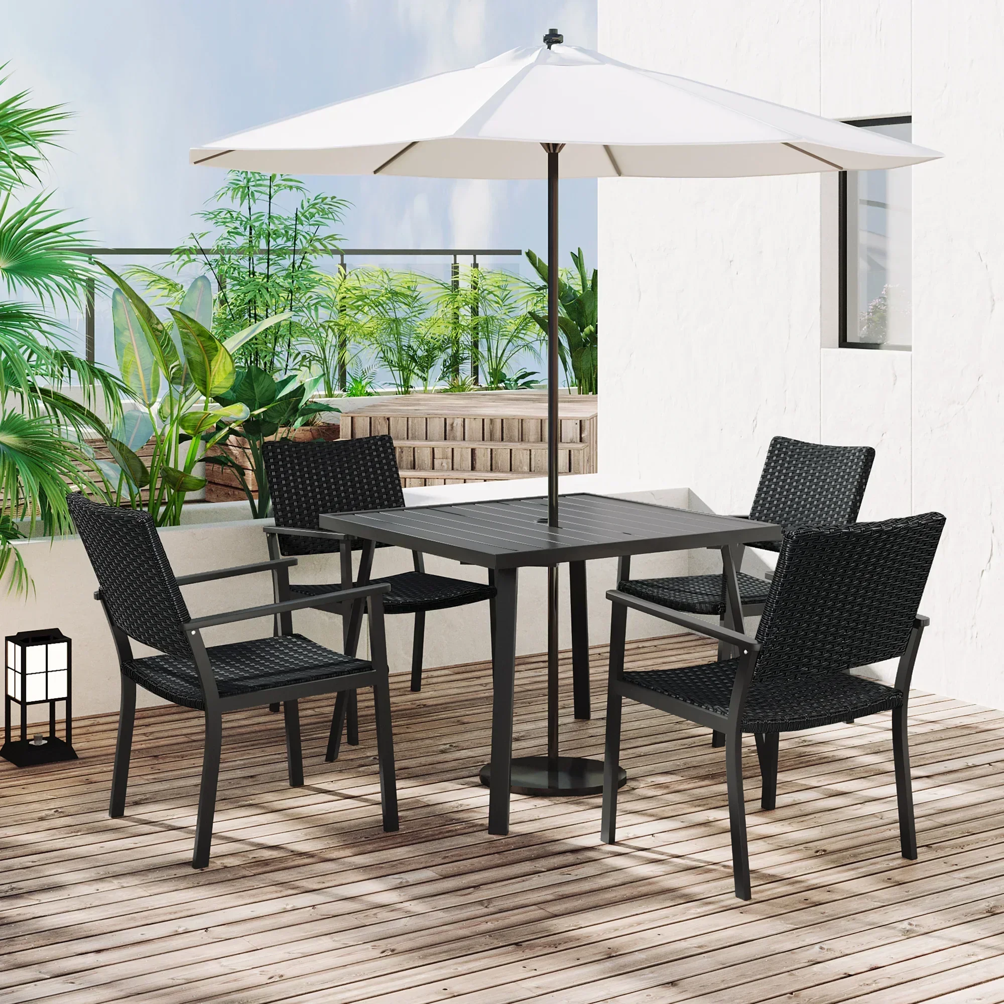 Furniture Set Outdoor Patio PE Wicker 5-Piece Dining Table Set with Umbrella Hole and 4 Dining Chairs for Garden, Deck