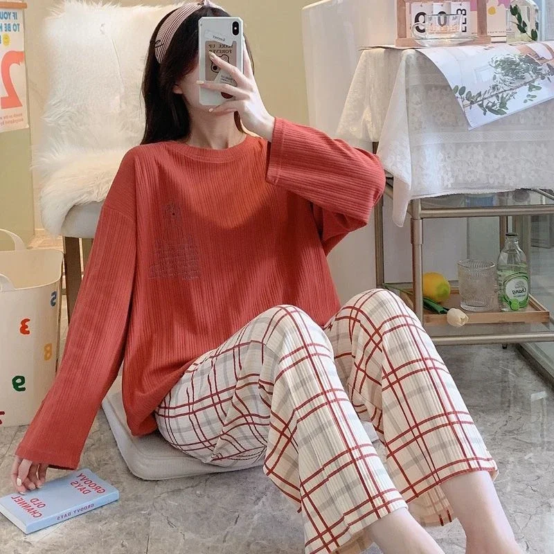 Cotton Sleepwear Women Long Sleeve Pajamas Sets Pullover Kawaii Clothes Spring Autumn Nightwear Korean Homewear Set Pants New
