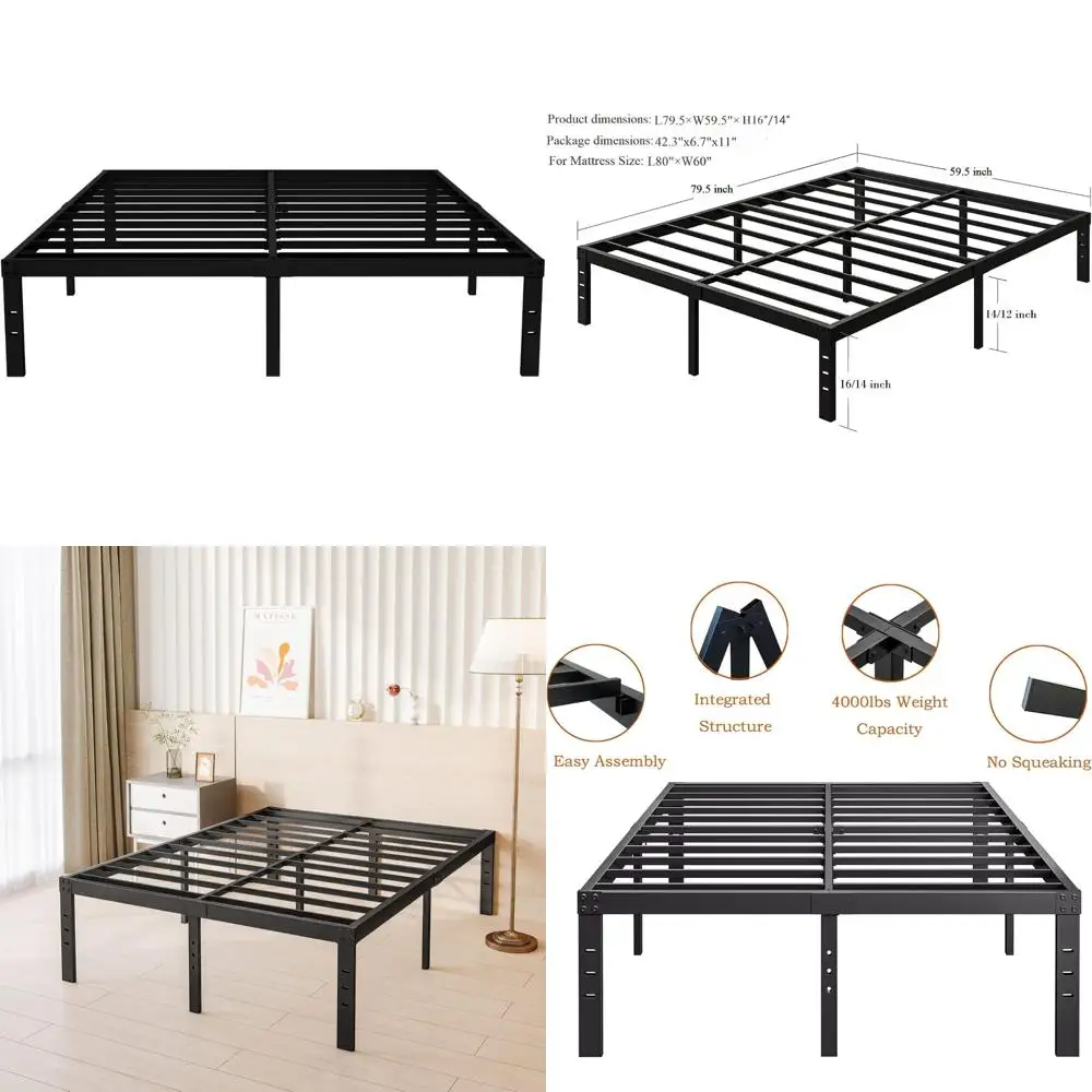 

Queen Size 16 Inch Heavy Duty Platform Bed Frame with Metal Slats, Supports Up to 3500 lbs, No Box Spring Needed, Easy Assembly,