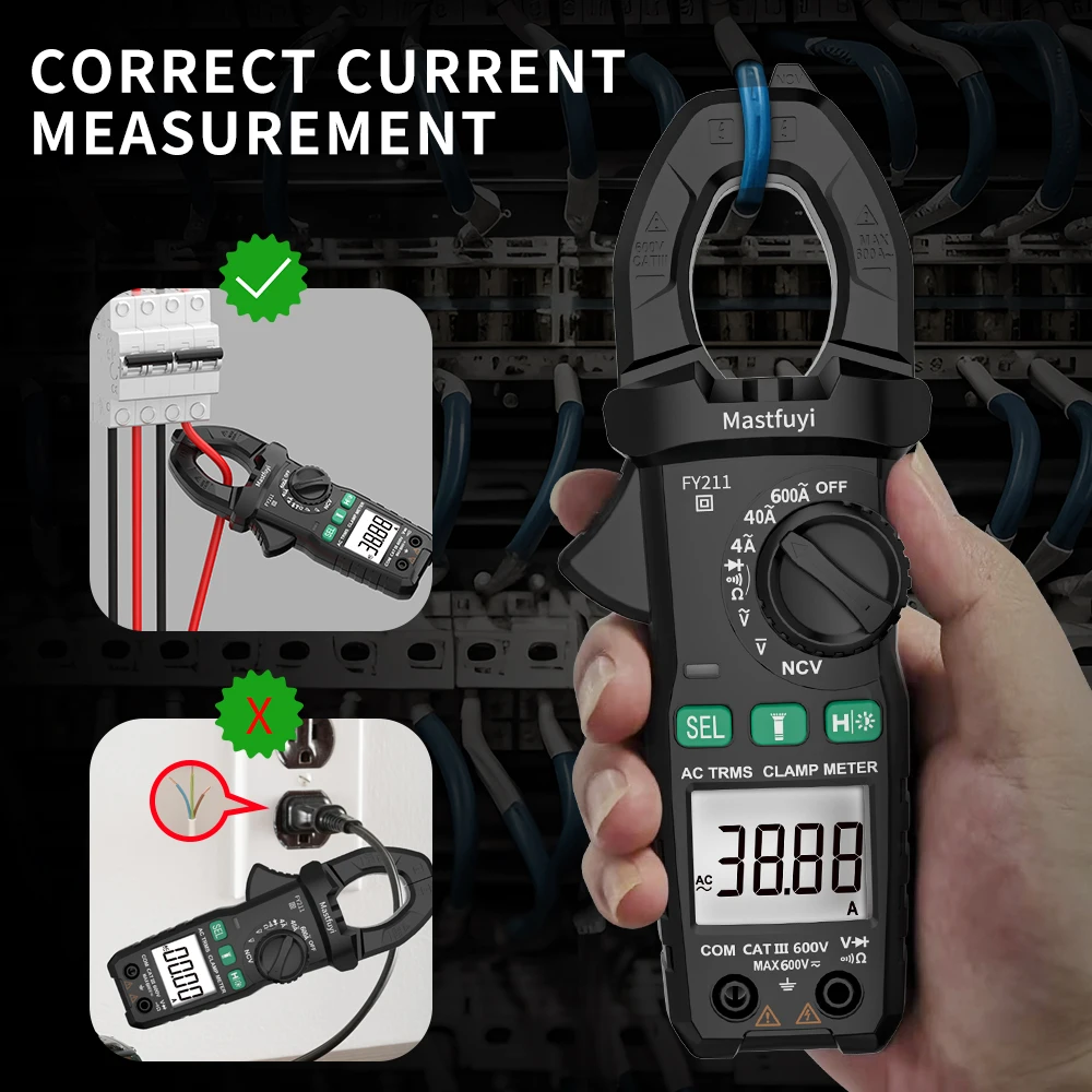 MASTFUYI FY211 Digital Clamp Meter 4000 Counts AC/DC Voltage Resistance Diode NCV Detection Multimeter Backlight Flashlight