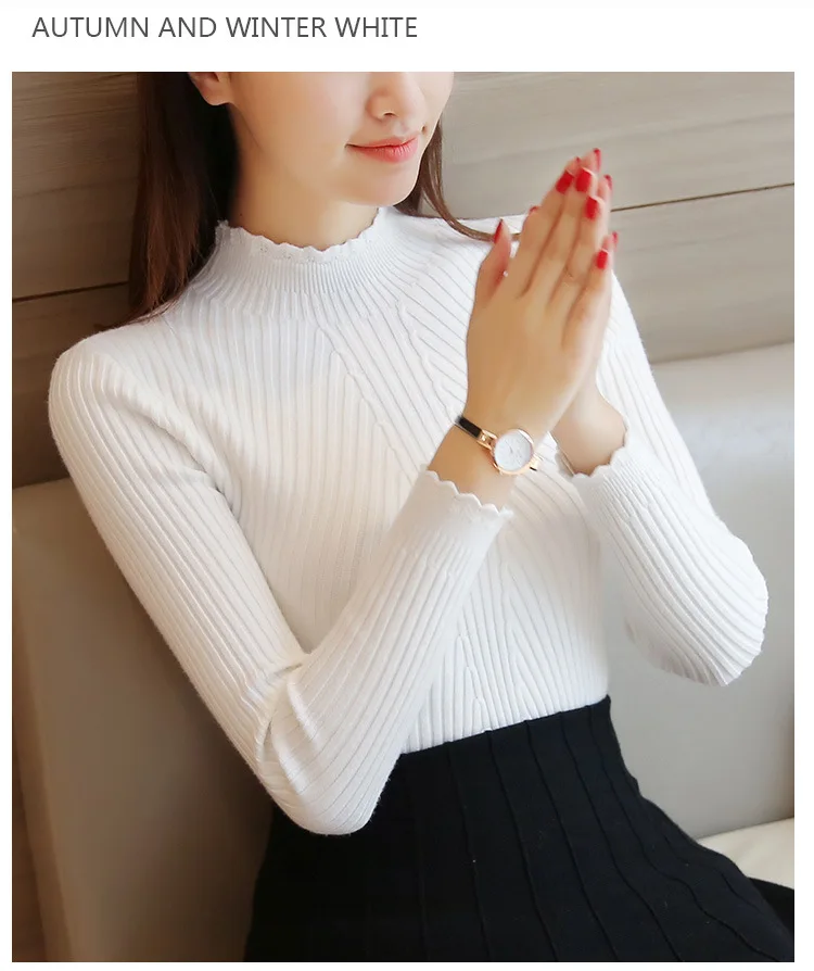 2026 Herbst Damen Mock Neck Rüschen Pullover Langarm Gestrickter Einfarbiger Pullover Gestreifter Damen Freizeitpullover Winter – Detail 10