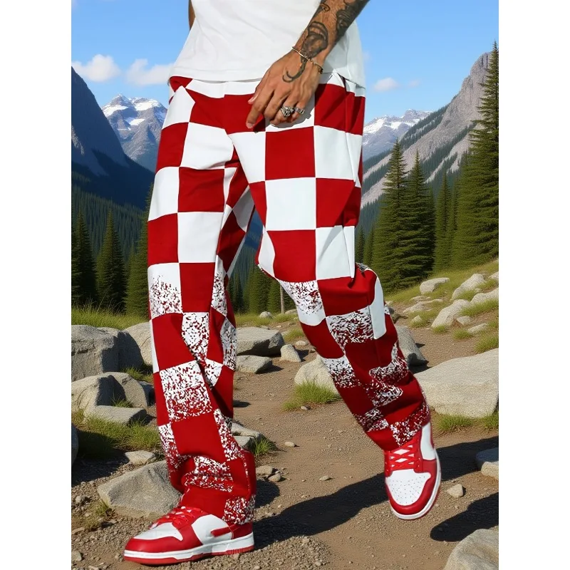 

2026 Summer Hot Selling Red White Checkered Casual Loose Printed Pants, Adult and Children Plus Size Quick Drying Sports Pants