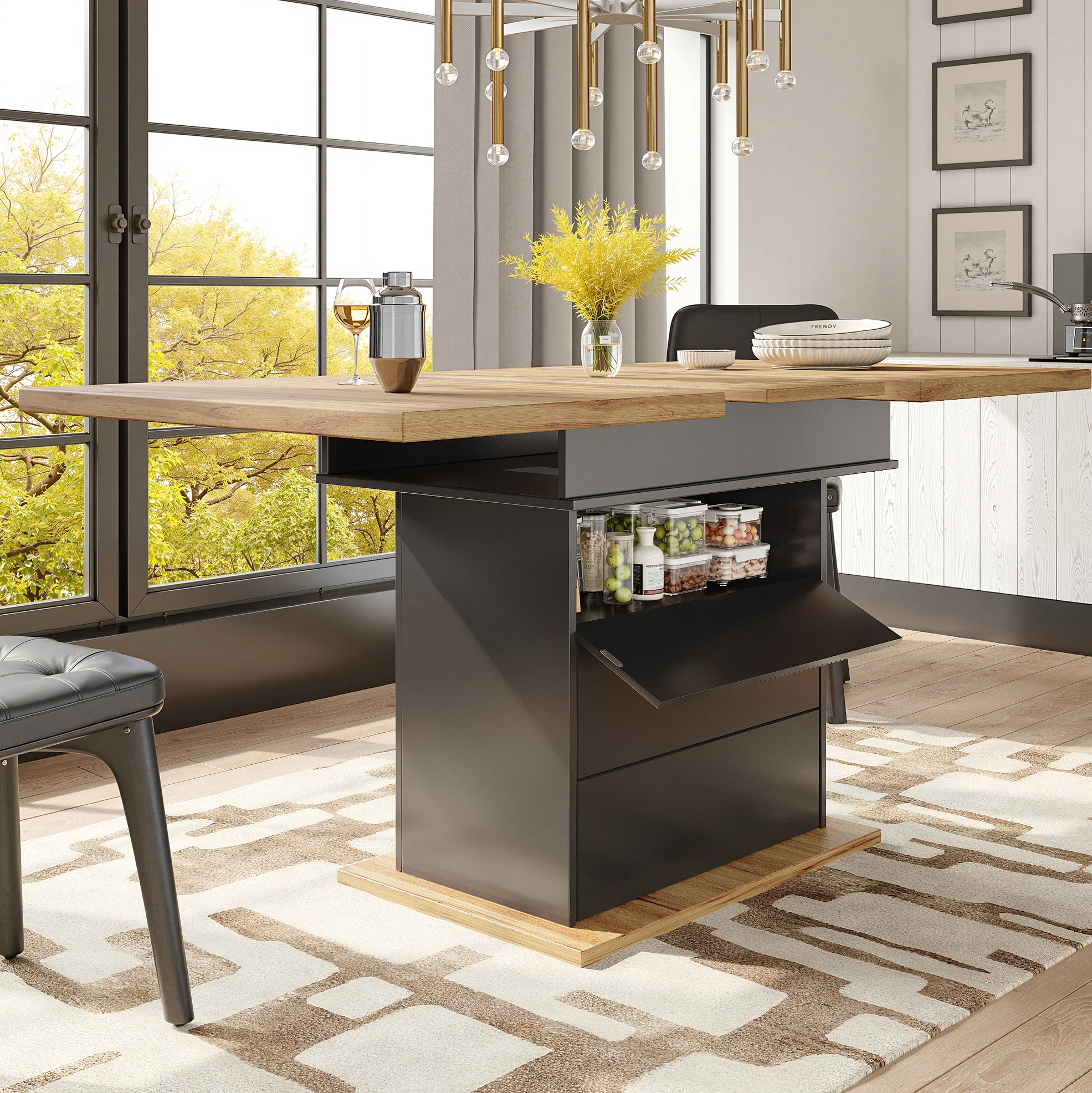 Mesa de Comedor Extensible de 110-140×80 cm con Diseño Plegable y Estantes de Almacenamiento, Negra