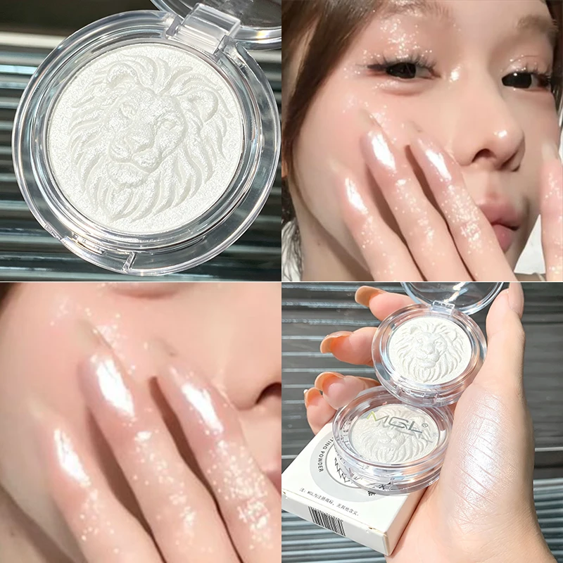 Iluminador en polvo con forma de cabeza de león, iluminador facial con brillo, iluminador metálico para pómulos, maquillaje de larga duración con efecto brillante.