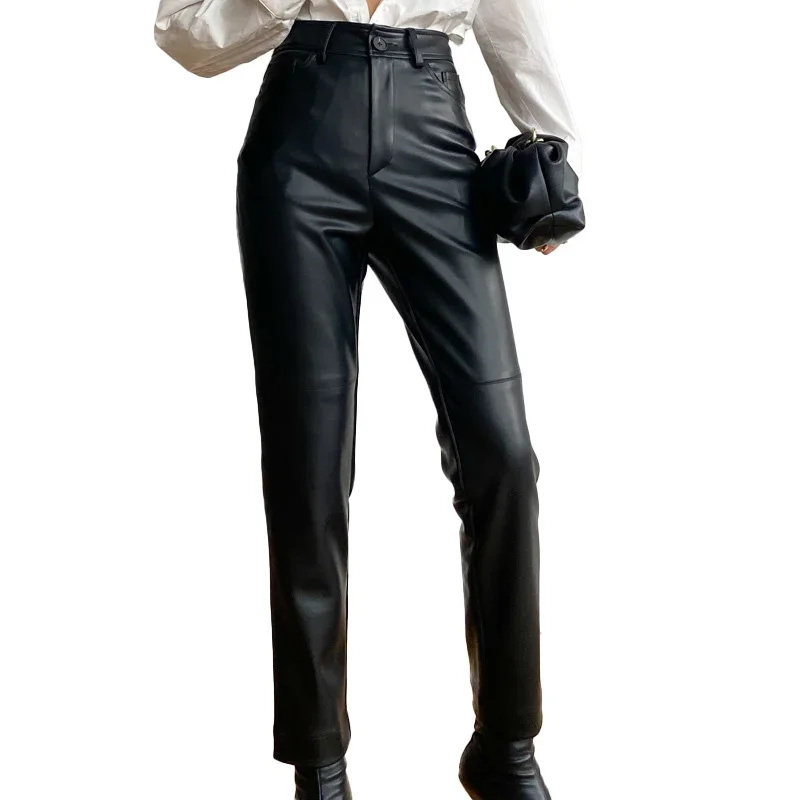 Classic Black Custom Length Leather Pants Ladies Genuine Sheepskin Leather Pants