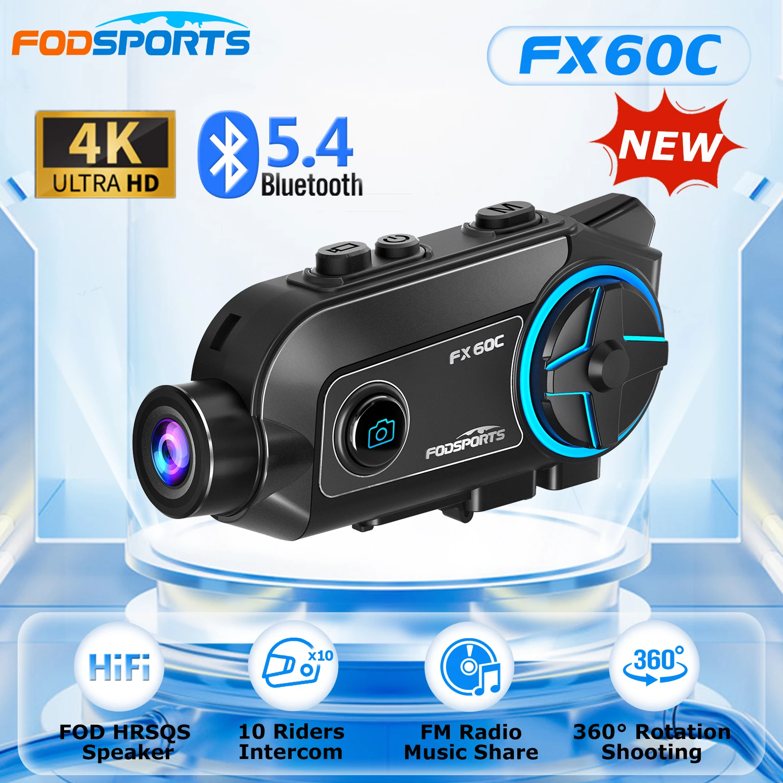 Fodsports FX60C Motorrad-Gegensprechanlage Bluetooth 5.4 Helm-Headset, 4K HD Anti-Shake-Kamera, Armaturenbrett, Moto-Gegensprechanlage, 10 Fahrer, FM