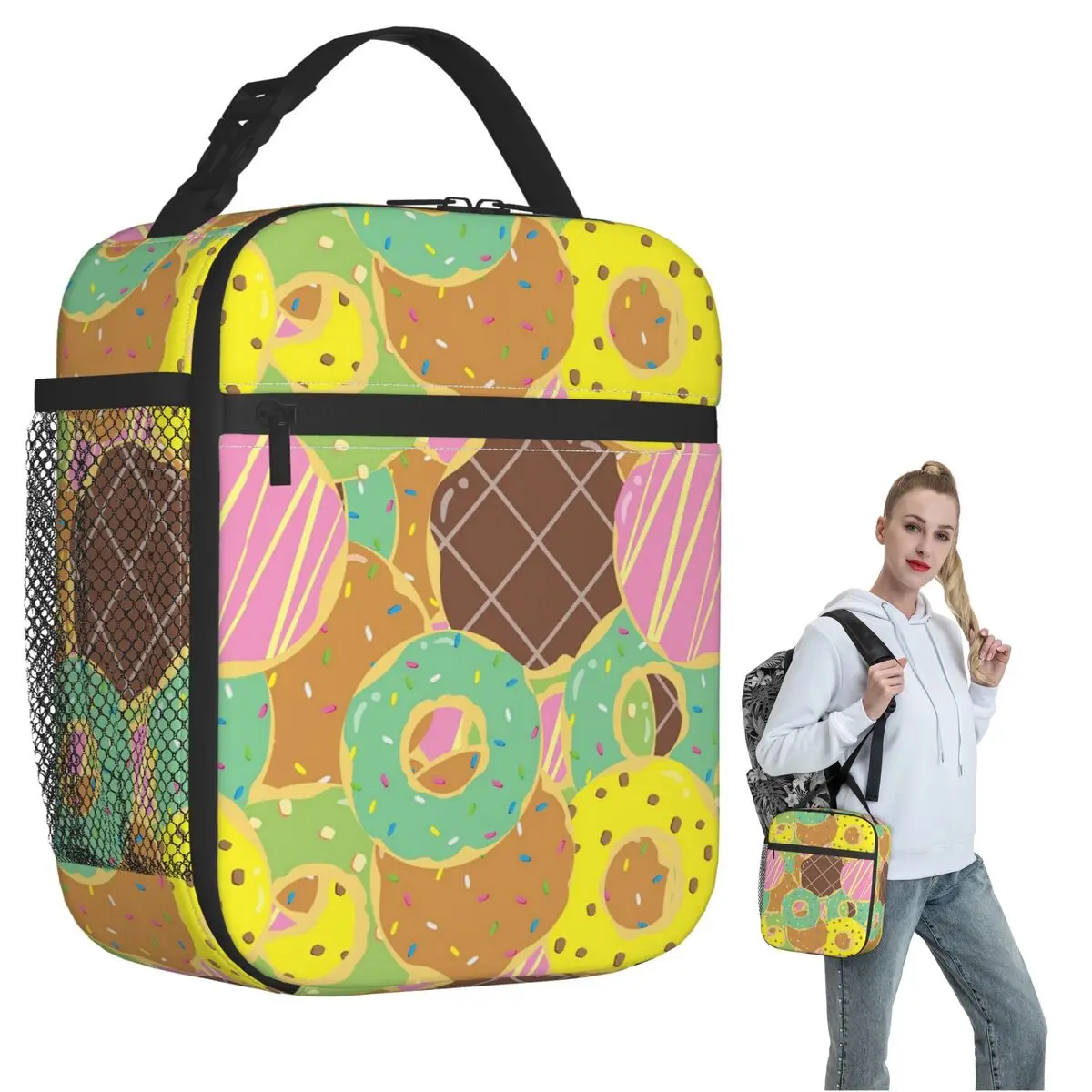 

Изолированная сумка для обеда с рисунком вкусных пончиков для женщин и детей, герметичные контейнеры для еды, термосумка для обеда