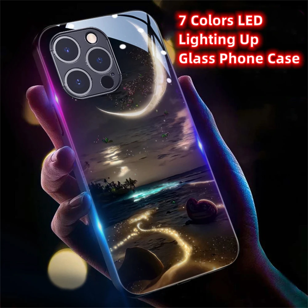 

2024 Pretty Galaxy Beach Smart LED Light Glow Tempered Glass Phone Case For iPhone 15 14 13 12 11 Pro Max X XR XS SE2020 6 7 8