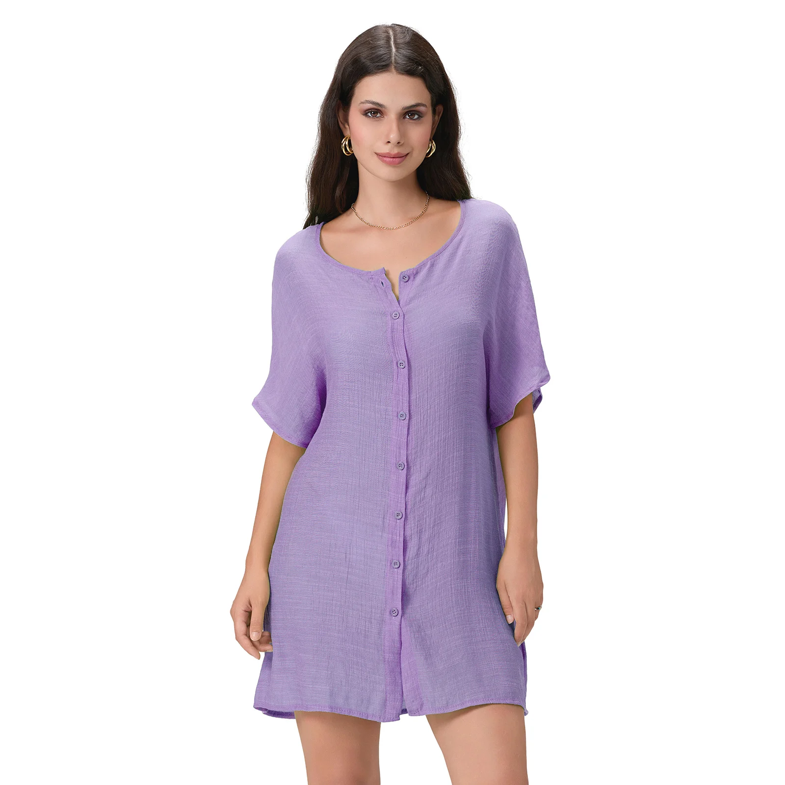 Womens Bikini Cover-Ups Shirt Dress Solid Color Half-Sleeve Button-Down Summer Shirts Beach Dress