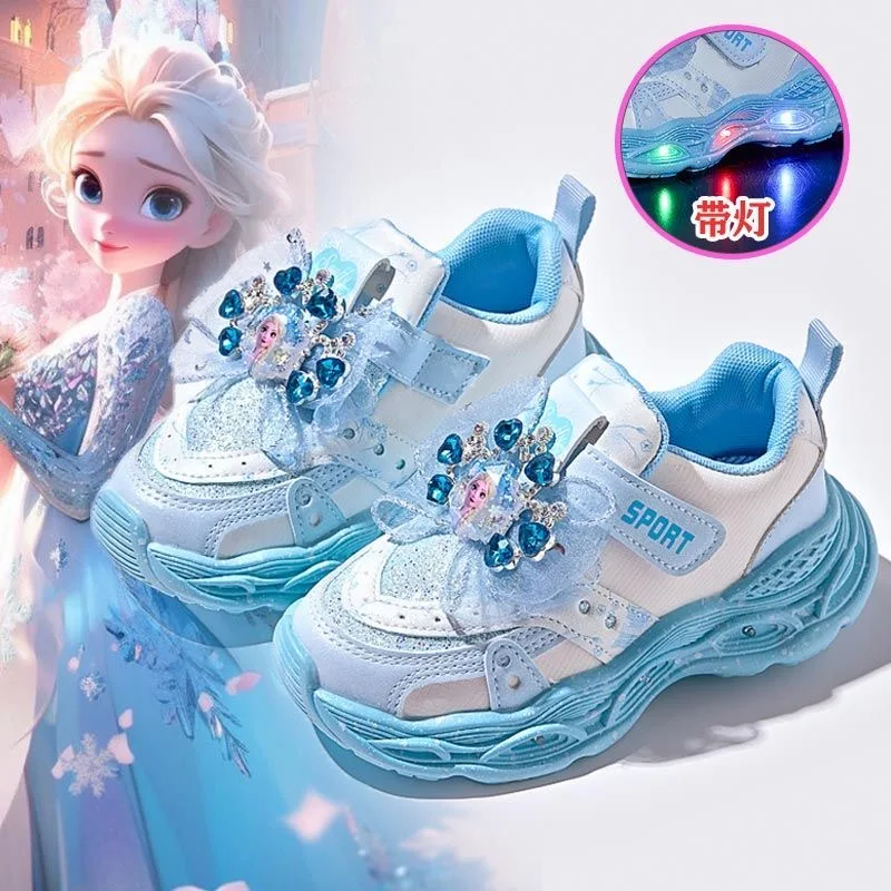 

New Disney kids cartoon frozen cute Casual shoes with LED light soft sports shoes for gift EU size 23-35
