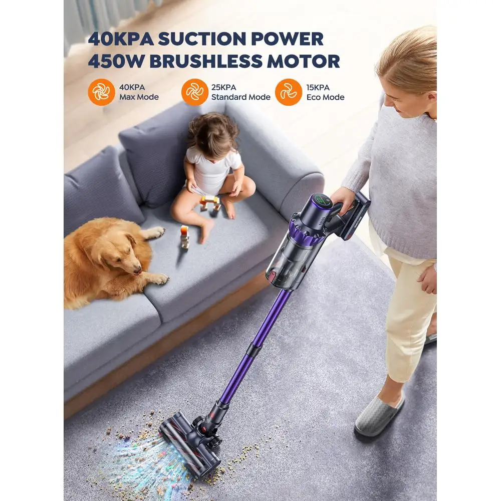Cordless Stick Vacuum 2 Batteries 110 Mins Runtime 40KPA 450W LED Touch Screen Brush Multi-layer Filtration Rotatable Head Wall