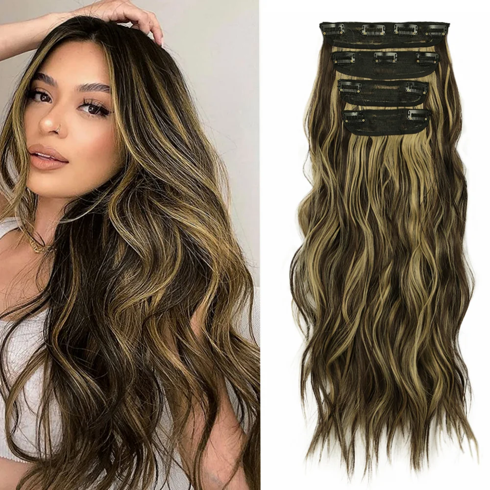 Long Clip In Hair Extensions for Women 4Pcs/Set 20Inch Synthetic Hair Clip In Long Wavy Thick Hairpieces Ombre Fake Hair Piece