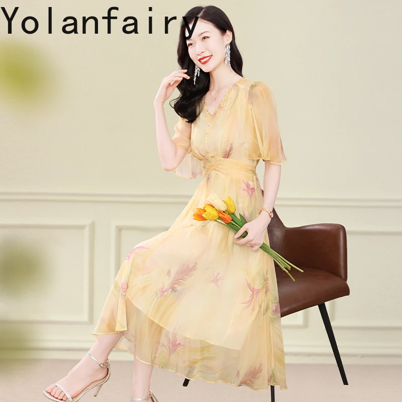 YOLANFAIRY 100% فساتين حرير التوت الطبيعي للمرأة الصيف عطلة الشاطئ نمط فستان المرأة لطيف طويل فستان زهري Vestido