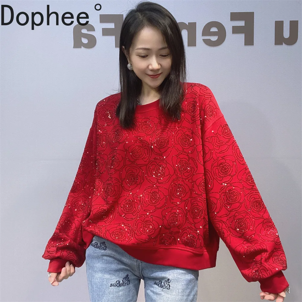 

Fashion Lady Flowers Diamonds Crop Pullover Top All-match Spring Autumn Space Cotton Sweatshirt Long Sleeve Casual Sweatshirt