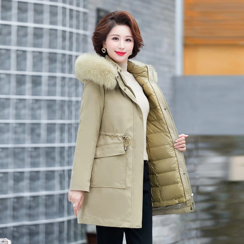 Middle-Aged and Elderly Mothers' Mid-Length Live Face Removable Parka down Jacket Women's Jacket Thickeneded New Style