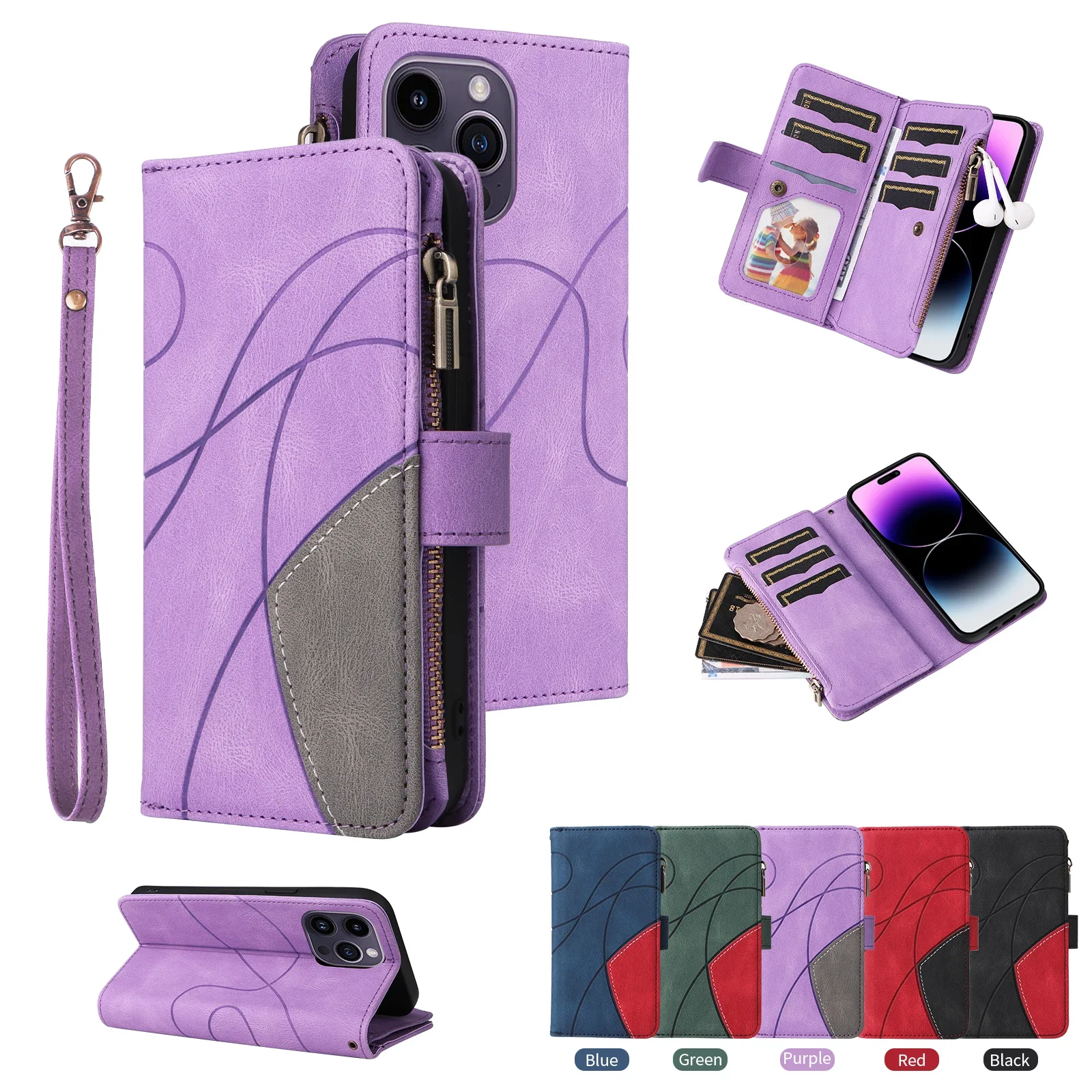 Für iPhone 15 16 Pro Max iPhone 15 Folio Reiß verschluss Ledertasche Flip Wallet 9 Karten halter Luxus hülle für iPhone 16 15 Plus Taschen