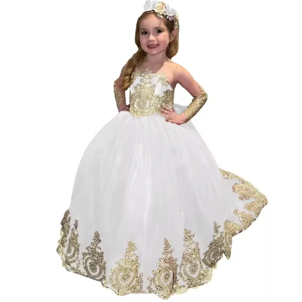 Sukienki dla dziewczynek na wesele z koronką, satynową kokardą, sukienka na Pierwszą Komunię Świętą z trenem, sukienki księżniczki dla małych dzieci na konkursy piękności