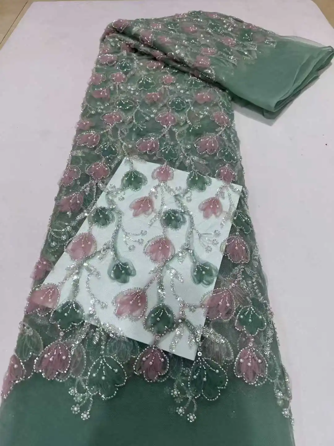 

2025 High Quality 5 Yards Luxury African Sequins Groom Lace Fabric French Nigerian Beaded Lace Fabric For Sewing Dress Wedding