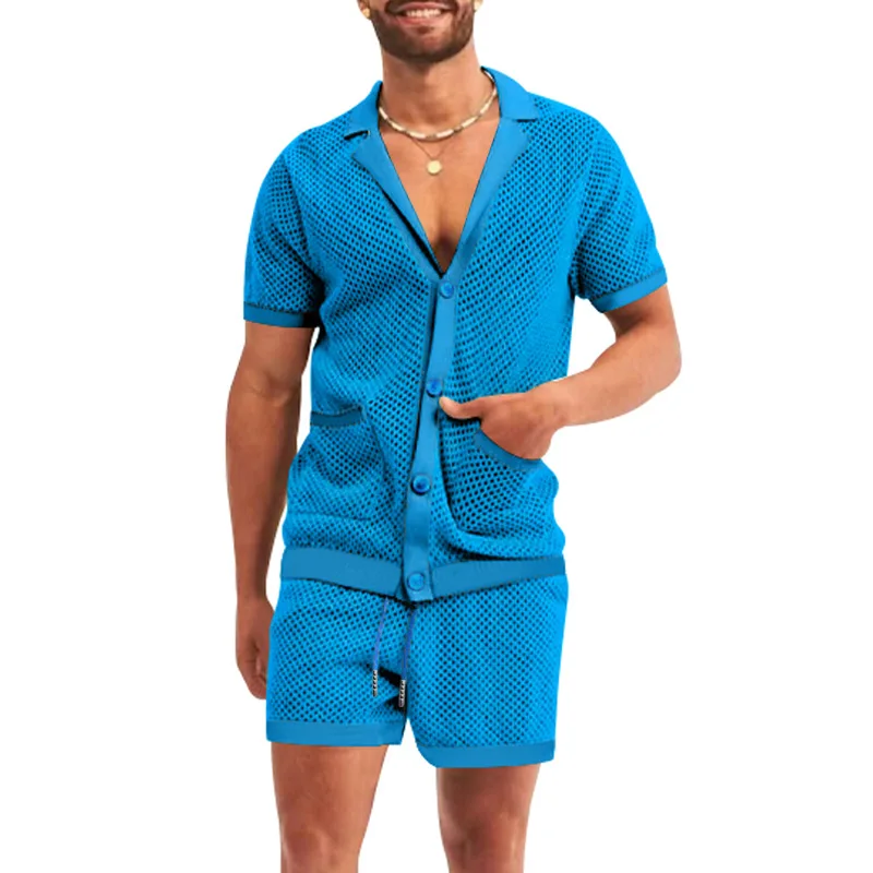 2026 Sommer Herren Ausgehöhltes Dünnes Zweiteiler-Set: Kühles, Atmungsaktives Kurzarm-Oberteil mit Passenden Shorts – Lässiges Alltagsoutfit im lockeren Schnitt – Detail 14