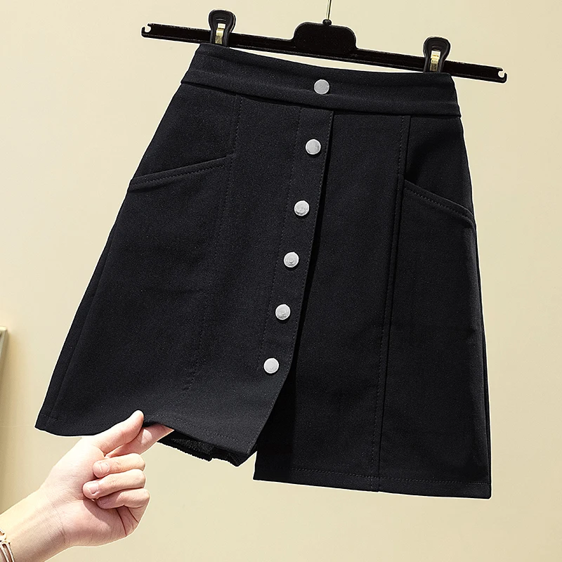 

Summer New High Waist A-Line Skirt Elastic Waist Black Slimming Short Half-length Skirt Button Detail Korean Style Loose...