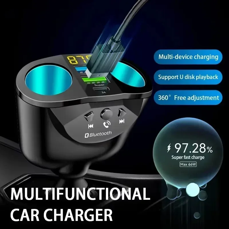 

66W USB type C MP3 player car charger qc3.0 fast charging Bluetooth Dual car cigar lighter socket led digital USB C Chargers