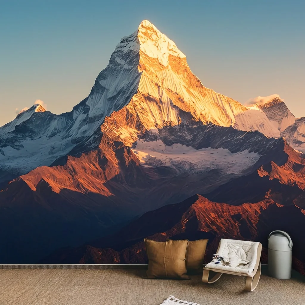 Snow mountain gilded by morning light, magnificent landscape style, background pattern, self-adhesive material.