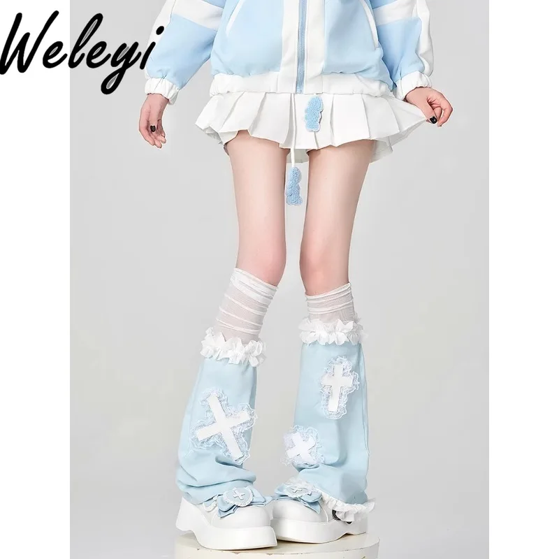 Jirai Kei Accessories Y2K Mine Leg Warmers for Women Original Subculture Hot Girl Blue and White Cross Lace Edge Leg Warmer