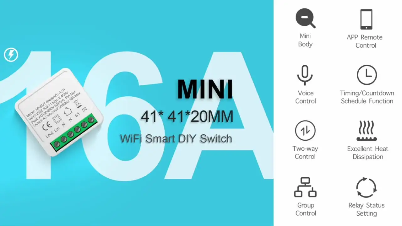 16A 20A Tuya WiFi Smart Switch 2-way Control Mini Smart Breaker Work With Smart Life Alexa Google Home Alice