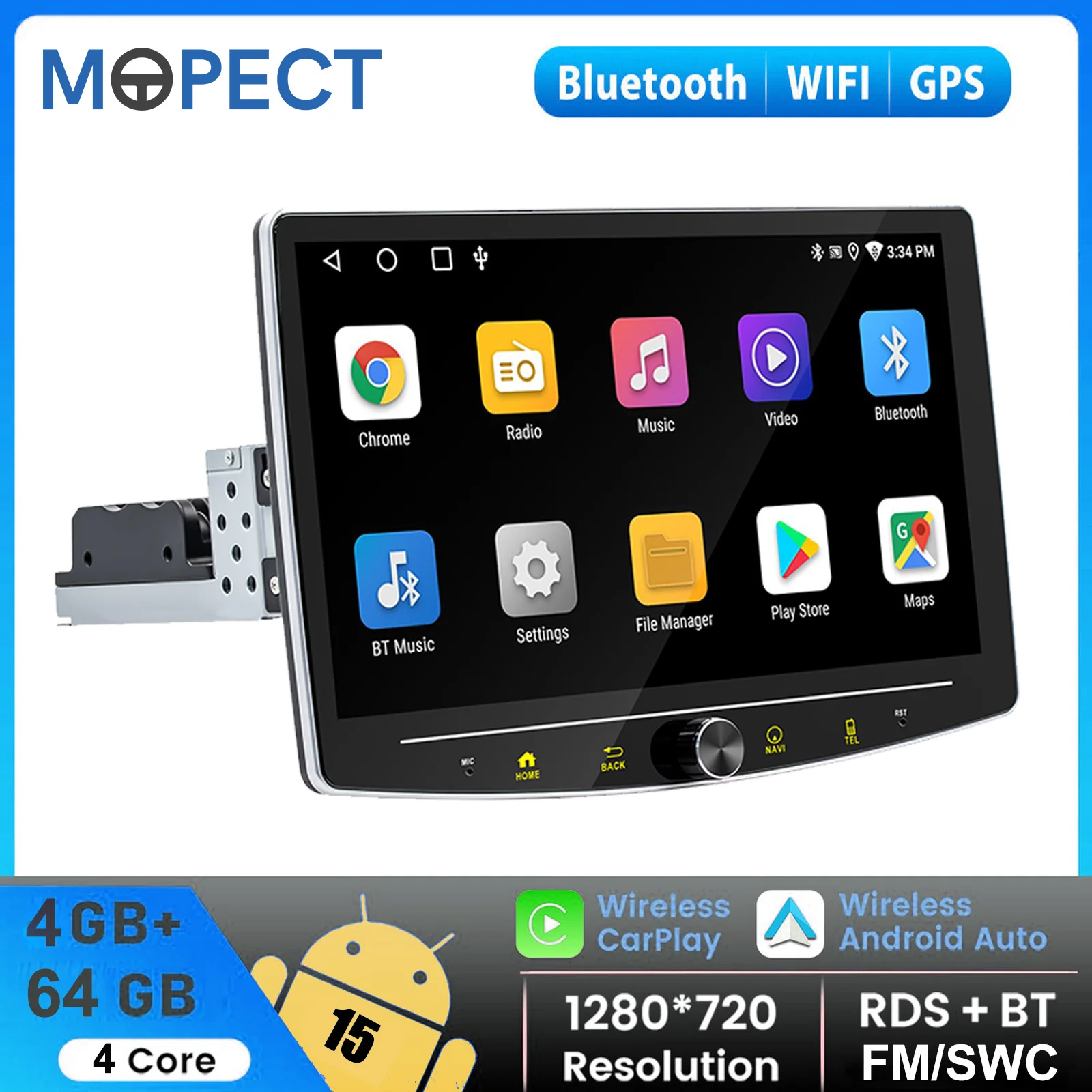 MOPECT 10,1 Zoll Single-DIN 4+64GB drehbares Autoradio Android 15 Carplay GPS Radio Navi MP5 Player Touchscreen Bluetooth FM Autoradio + DAB & Kamera