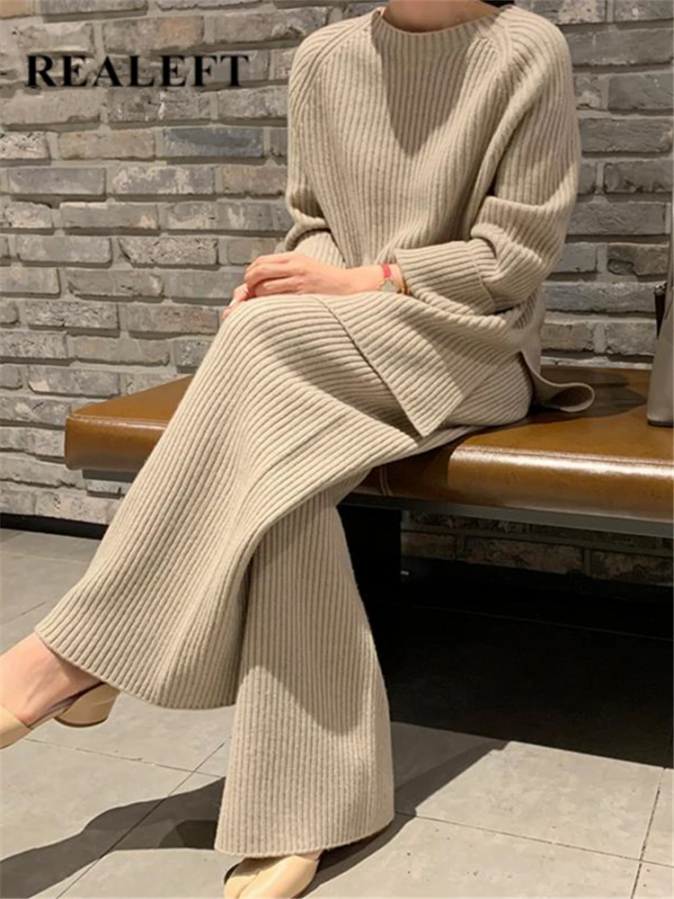 REALEFT 2023 Autumn Winter 2 Pieces Women Sets Knitted Tracksuit O-Neck Split Sweater and Wide Leg Jogging Pants Pullover Suits