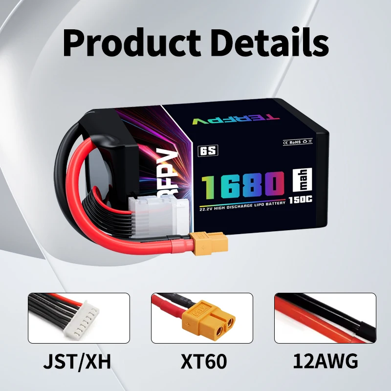 2 Stuks TERFPV 6S 22.2V 1680mAh Lipo Batterij 150C/300C met XT60 Plug voor FPV drone Quadcopter Helikopter Vliegtuigen Onderdelen Hobby